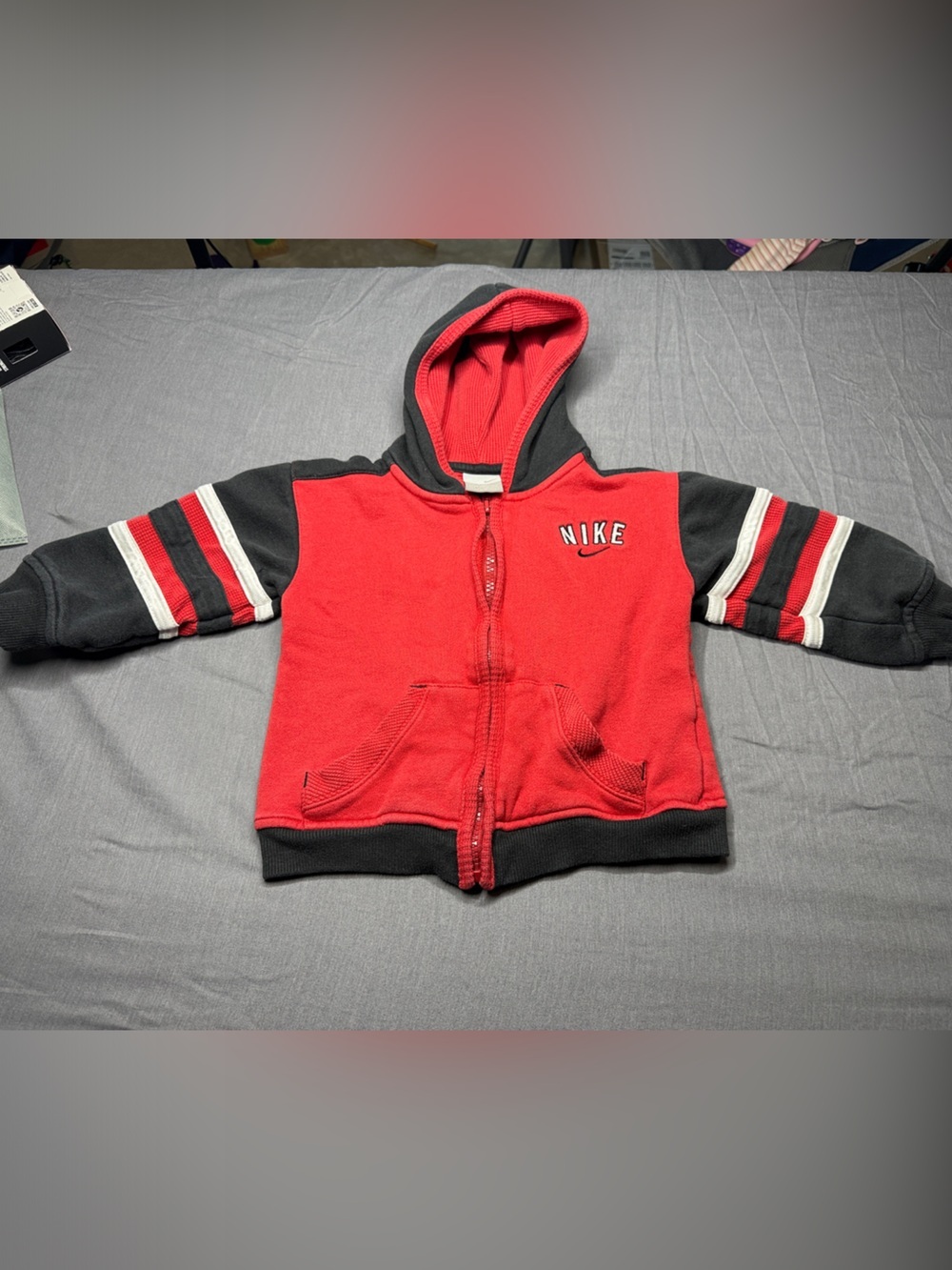 Nike Red and Black Kids Hooded Zip Sweatshirt with Stripe Sleeves